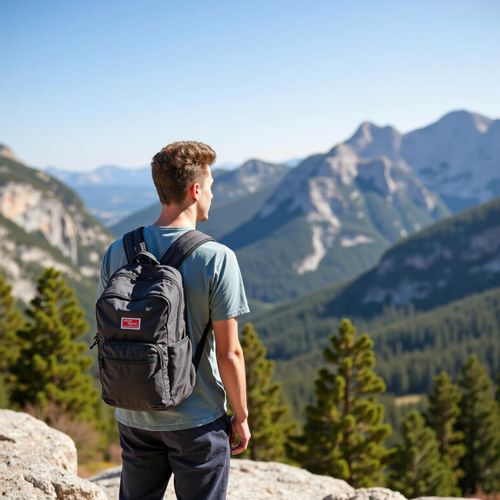 a photo of me MAN with a backpack looking out over a mountain range, half body shot. MAN looking adventurous and free.