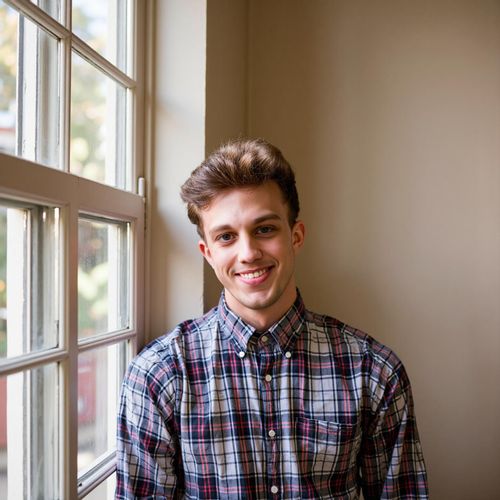 Showcase image for Casual Sweethearts - Prompt: a photo of me MAN in cozy, casual outfits, medium close-up, pre-wedding at-home style (e.g. by a window). MAN with a soft, loving smile.