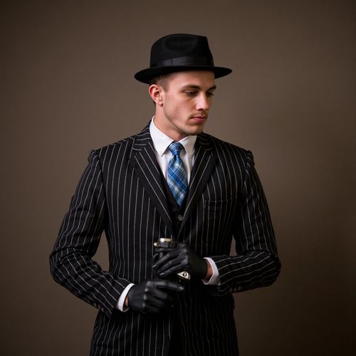 Showcase image for Vintage Gangster - Prompt: a photo of me MAN as a 1920s Prohibition-era gangster, medium shot, pinstripe suit, fedora, Thompson submachine gun prop (stylized, not overly realistic). MAN looking like a classic movie mobster.