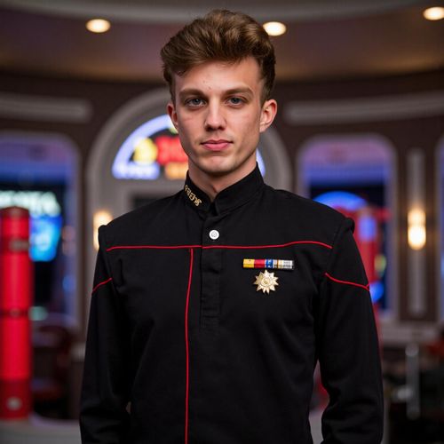 Showcase image for Sci-Fi Universe - Prompt: a photo of me MAN as a starship captain on the bridge of their ship, half body shot. MAN looking commanding.