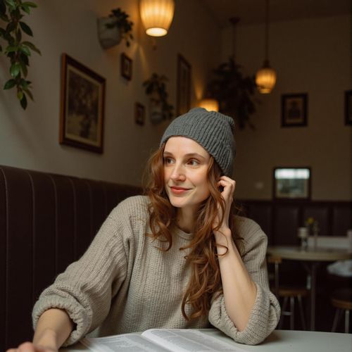 Showcase image for Intellectual Vibe - Prompt: a photo of me WOMAN engrossed in a book at a cozy cafe, medium shot, looking contemplative. WOMAN looking up thoughtfully.