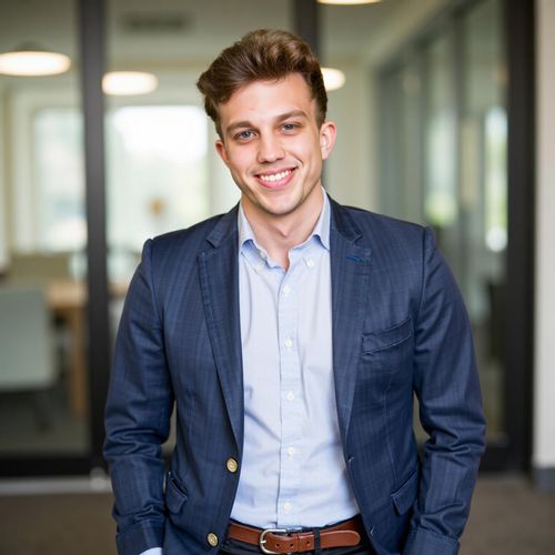 Showcase image for Modern Professional - Prompt: a photo of me MAN in smart business casual attire, medium shot, against a modern office backdrop, looking innovative. MAN with a friendly, confident smile.