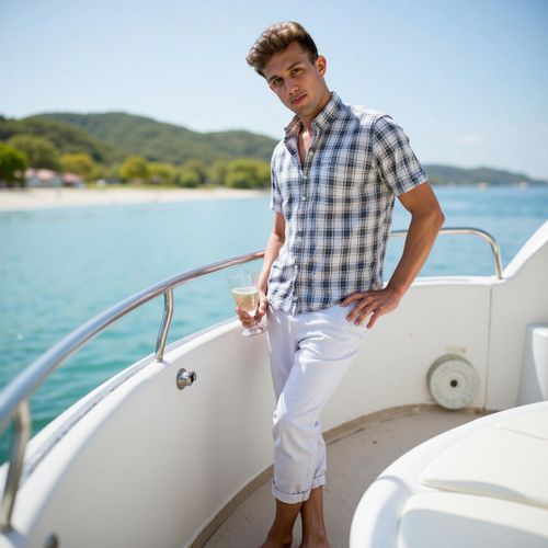 Showcase image for Luxury Yacht - Prompt: a photo of me MAN on the deck of a luxury yacht, overlooking a pristine beach, medium shot, designer resort wear, champagne flute in hand, sunny day. MAN looking confident and relaxed at the camera.