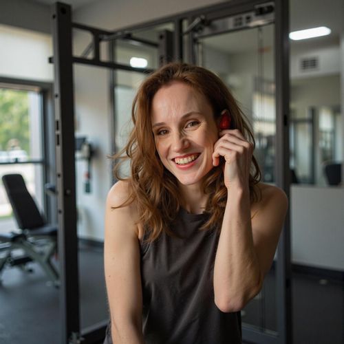 Showcase image for Fitness Fanatic - Prompt: a photo of me WOMAN looking energized post-workout at the gym, medium shot, looking accomplished. WOMAN wiping sweat, looking accomplished.