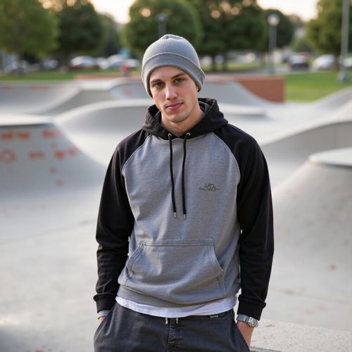 Showcase image for Skater Style - Prompt: a photo of me MAN in skater-style clothing (e.g. hoodie, beanie), half body shot, at a skatepark. MAN looking cool and relaxed.