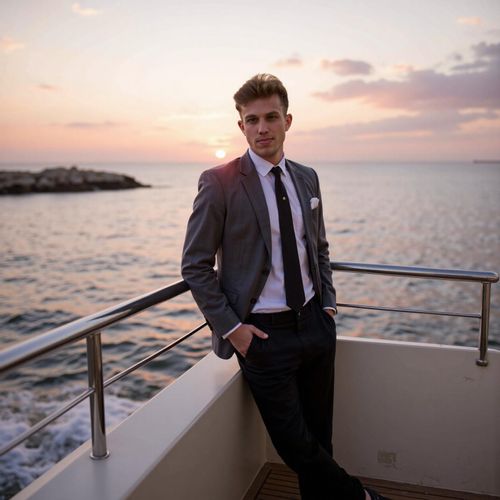 Showcase image for Yacht Life - Prompt: a photo of me MAN on the deck of a superyacht, medium shot, with a beautiful ocean backdrop at sunset. MAN looking serene and wealthy.