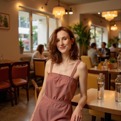 Showcase image for Date Night - Prompt: a photo of me WOMAN at a nice restaurant, half body shot, smart casual attire, warm lighting. WOMAN looking engagingly at the camera.
