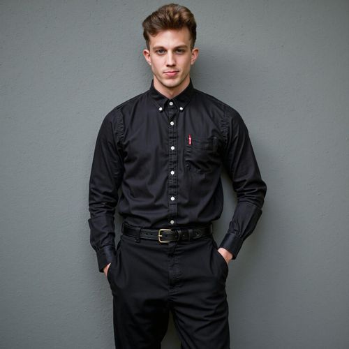 Showcase image for Editorial Chic - Prompt: a photo of me MAN in an avant-garde outfit, medium shot, artistic pose, fashion magazine editorial style. MAN with a strong, expressive look.