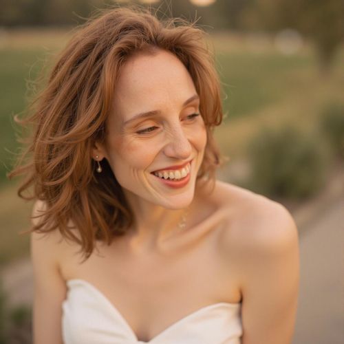 Showcase image for Bridal Radiance - Prompt: a photo of me WOMAN as a radiant bride in a stunning white wedding gown, medium close-up, soft romantic lighting. WOMAN with a joyful, serene smile.