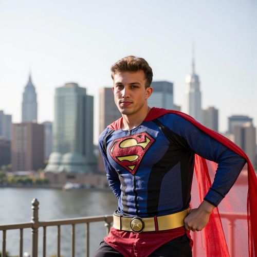 Showcase image for Superhero - Prompt: a photo of me MAN in a dynamic superhero pose, half body shot, with a city skyline in the background. MAN looking powerful.