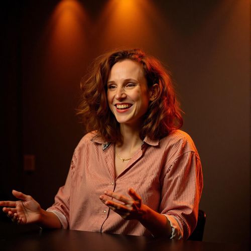 Showcase image for Inspirational Speaker - Prompt: a photo of me WOMAN as an inspirational speaker, medium shot, with an uplifting, hopeful expression, warm stage lighting. WOMAN looking motivating.