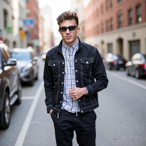 Showcase image for Candid Street Style - Prompt: a photo of me MAN as a celebrity spotted in candid street style, medium shot, wearing oversized sunglasses and a fashionable casual outfit, city street background. MAN looking effortlessly cool.