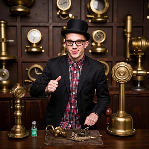 Showcase image for Steampunk - Prompt: a photo of me MAN as a steampunk inventor, half body shot, surrounded by brass gadgets and gizmos. MAN looking brilliant.