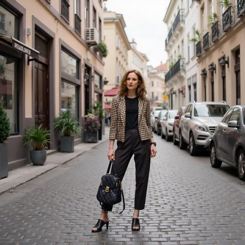 Showcase image for Soho Chic - Prompt: a photo of me WOMAN in a fashionable outfit on a cobblestone street, half body shot, classic downtown vibe. WOMAN looking artistic and stylish.