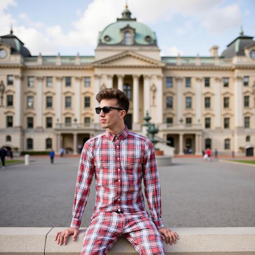 a photo of me MAN in a couture outfit, medium shot, against a backdrop of a grand building. MAN looking like a fashion icon.