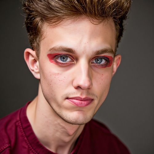 a photo of me MAN with striking, colourful makeup, close-up beauty shot, highlighting expressive eyes. MAN looking bold and confident.