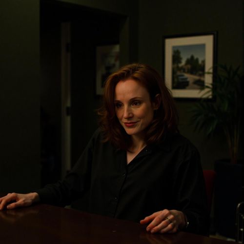 a photo of me WOMAN in a dimly lit backroom, medium shot, leaning over a table as if in a secret negotiation, film noir style. WOMAN with a serious, calculating expression.