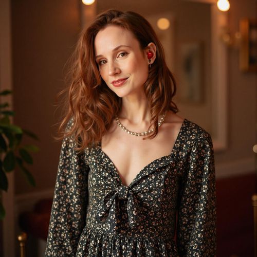 Showcase image for VIP Party Vibe - Prompt: a photo of me WOMAN dressed in their most glamorous attire for a VIP party, medium shot, with a background of opulent decor (blurred). WOMAN looking like a star.