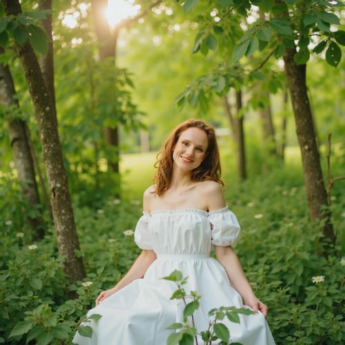 Showcase image for Nature's Embrace - Prompt: a photo of me WOMAN in a beautiful forest setting, half body shot, pre-wedding style, dappled sunlight through trees. WOMAN looking serene and happy.