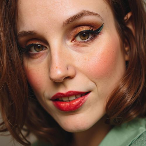 a photo of me WOMAN with striking, colourful makeup, close-up beauty shot, highlighting expressive eyes. WOMAN looking bold and confident.