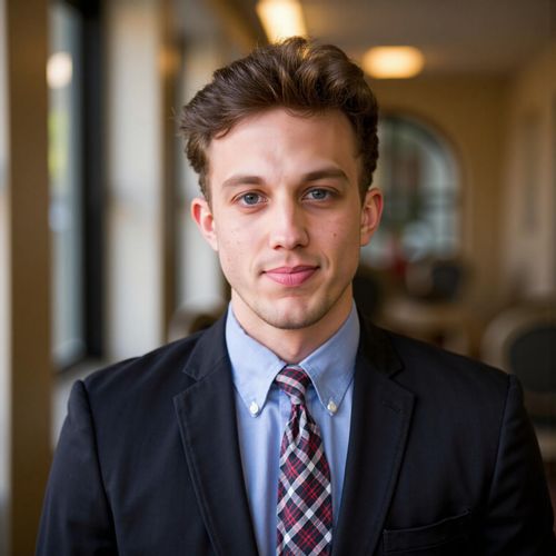 Showcase image for Luxury Properties - Prompt: a photo of me MAN, luxury real estate agent headshot, medium shot, wearing elegant, high-end business attire, in a very upscale interior setting (blurred). MAN looking sophisticated.