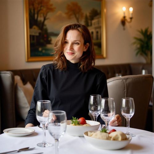a photo of me WOMAN at a Michelin-starred restaurant, medium shot, elegant ambiance. WOMAN with a sophisticated expression.