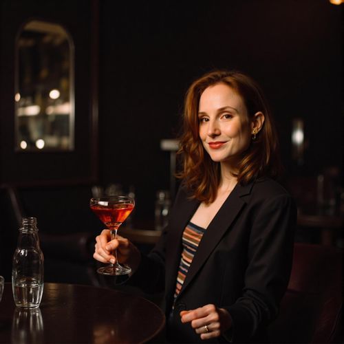 Showcase image for Cocktail Lounge Chic - Prompt: a photo of me WOMAN in a sophisticated outfit at an upscale cocktail lounge, medium shot, holding an elegant drink, dim, moody lighting. WOMAN looking chic and refined.