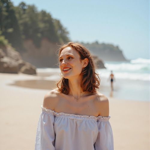 Showcase image for Beach - Prompt: a photo of me WOMAN on a sunny beach, medium shot, candid laugh, looking approachable and fun, perfect for a dating profile. WOMAN looking slightly off-camera.