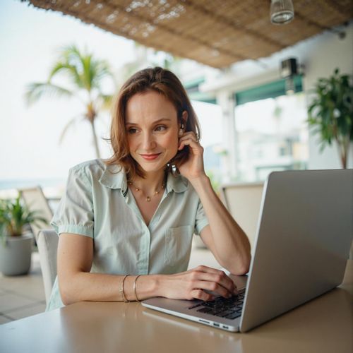 Showcase image for Remote Work Lifestyle - Prompt: a photo of me WOMAN working on a laptop at a beachside cafe, half body shot, looking focused but relaxed. WOMAN living the dream.