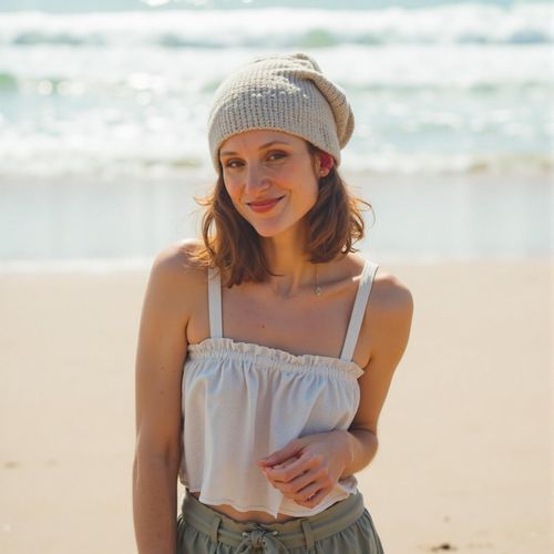 a photo of me WOMAN at the beach, medium closeup, casual beachwear, friendly smile, sandy shore background, natural sunlight, ocean waves visible. WOMAN looking at the camera.