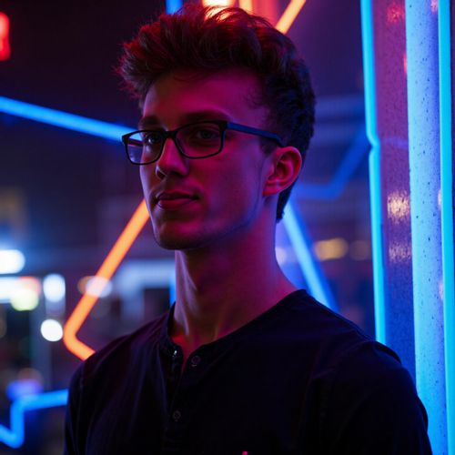Showcase image for Night Out - Prompt: a photo of me MAN under neon lights, medium close-up, vibrant and energetic. MAN looking ready for a night on the town.