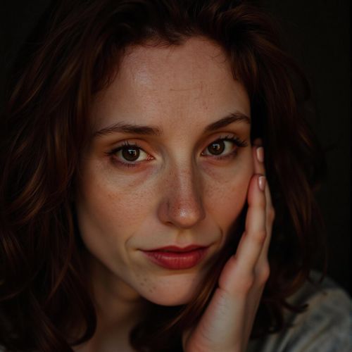 Showcase image for Dramatic Shot - Prompt: a photo of me WOMAN, dramatic actor headshot, close-up, conveying deep sorrow through the eyes, soft, moody lighting. WOMAN looking heartbroken.