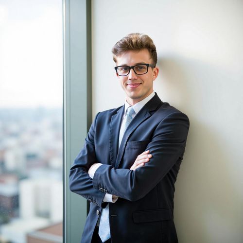 Showcase image for Window View - Prompt: a photo of me MAN standing near a large office window, medium shot, city skyline softly blurred in the background. MAN looking confident and forward-looking.