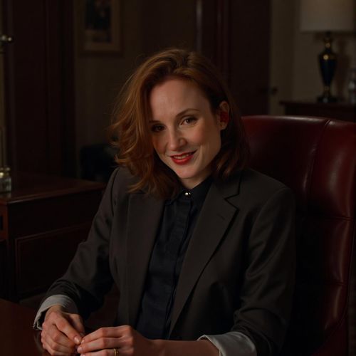 Showcase image for The Don - Prompt: a photo of me WOMAN as a mob boss, medium close-up, seated in a dimly lit, opulent room (e.g. leather chair, dark wood desk), exuding power. WOMAN with a stern, commanding expression.