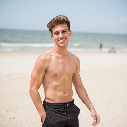 a photo of me MAN on a sunny beach, medium shot, candid laugh, looking approachable and fun, perfect for a dating profile. MAN looking slightly off-camera.