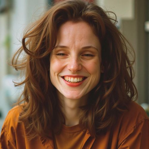 Showcase image for Comedic Shot - Prompt: a photo of me WOMAN, comedic actor headshot, medium close-up, with a wide, infectious laugh, bright lighting. WOMAN looking genuinely amused.