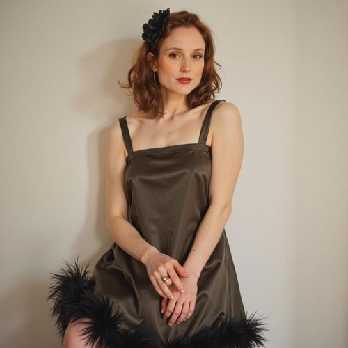 Showcase image for Vintage Glamour - Prompt: a photo of me WOMAN in a classic satin slip with feather trim, medium shot, posing like a 1940s movie star. WOMAN with a glamorous gaze.