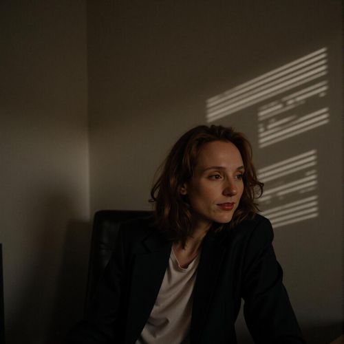 a photo of me WOMAN in a dimly lit office, half body shot, shadows from window blinds striping the scene. WOMAN looking thoughtful.