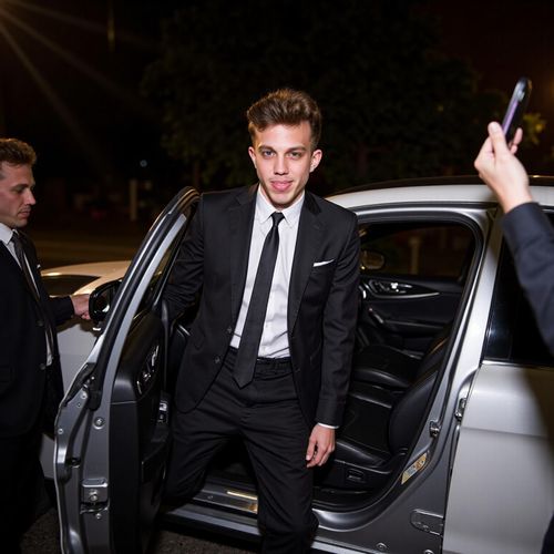 Showcase image for VIP Event Arrival - Prompt: a photo of me MAN as a celebrity arriving at a VIP event, medium shot, stepping out of a luxury car (door visible), looking glamorous. MAN greeted by implied flashes.