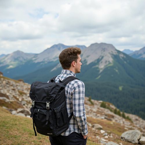 a photo of me MAN with a backpack looking out over a mountain range, half body shot. MAN looking adventurous and free.