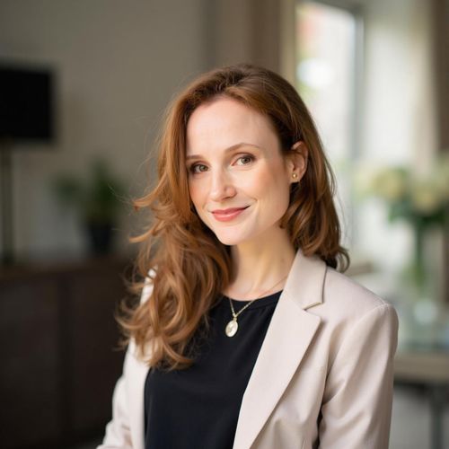 Showcase image for Luxury Properties - Prompt: a photo of me WOMAN, luxury real estate agent headshot, medium shot, wearing elegant, high-end business attire, in a very upscale interior setting (blurred). WOMAN looking sophisticated.