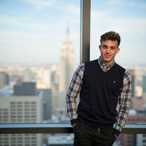 Showcase image for Window View - Prompt: a photo of me MAN standing near a large office window, medium shot, city skyline softly blurred in the background. MAN looking confident and forward-looking.
