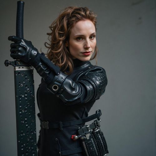 Showcase image for Street Samurai - Prompt: a photo of me WOMAN in tactical gear with cybernetic enhancements, half body shot, holding a high-tech katana. WOMAN looking ready for battle.