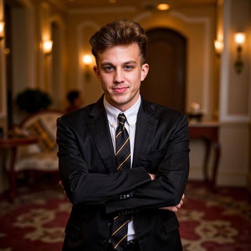 Showcase image for VIP Party Vibe - Prompt: a photo of me MAN dressed in their most glamorous attire for a VIP party, medium shot, with a background of opulent decor (blurred). MAN looking like a star.