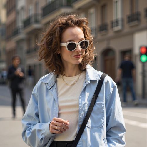 Showcase image for Candid Street Style - Prompt: a photo of me WOMAN as a celebrity spotted in candid street style, medium shot, wearing oversized sunglasses and a fashionable casual outfit, city street background. WOMAN looking effortlessly cool.