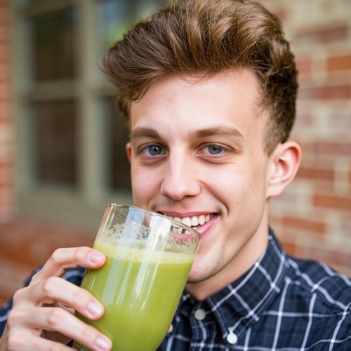Showcase image for Healthy Lifestyle - Prompt: a photo of me MAN drinking a healthy green smoothie, close-up, looking vibrant and healthy. MAN with a happy smile.
