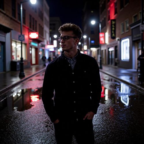 a photo of me MAN on a wet street at night, the reflections of neon signs in the puddles. medium shot. MAN looking lost in thought.