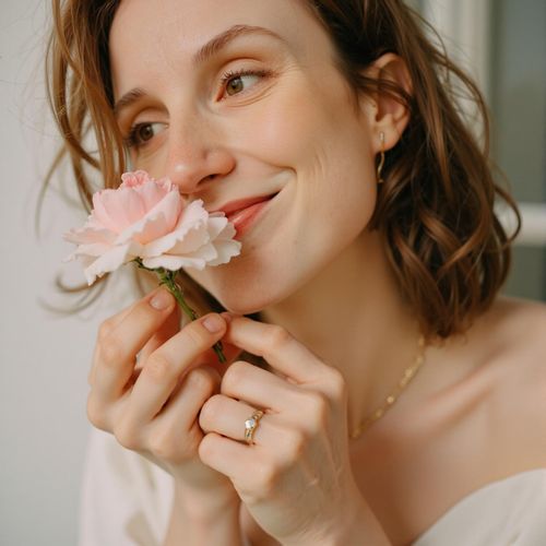 Showcase image for Elegant Details - Prompt: a photo of WOMAN on their wedding day, close-up, holding a single perfect flower near their face, soft lighting. WOMAN with a gentle, happy expression.