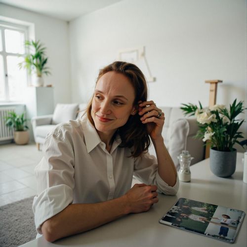 Showcase image for Candid Moment - Prompt: a photo of me WOMAN in a relaxed pose, half body shot, looking thoughtfully off-camera, yearbook candid style. WOMAN captured in a natural moment.