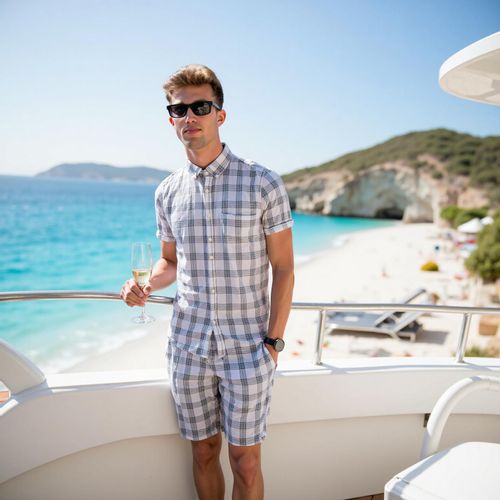 Showcase image for Luxury Yacht - Prompt: a photo of me MAN on the deck of a luxury yacht, overlooking a pristine beach, medium shot, designer resort wear, champagne flute in hand, sunny day. MAN looking confident and relaxed at the camera.